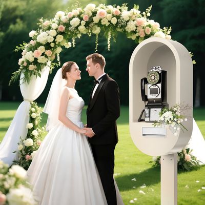 Booth telefonico per matrimoni in metallo premium con sistema di registrazione audio/video del libro degli ospiti