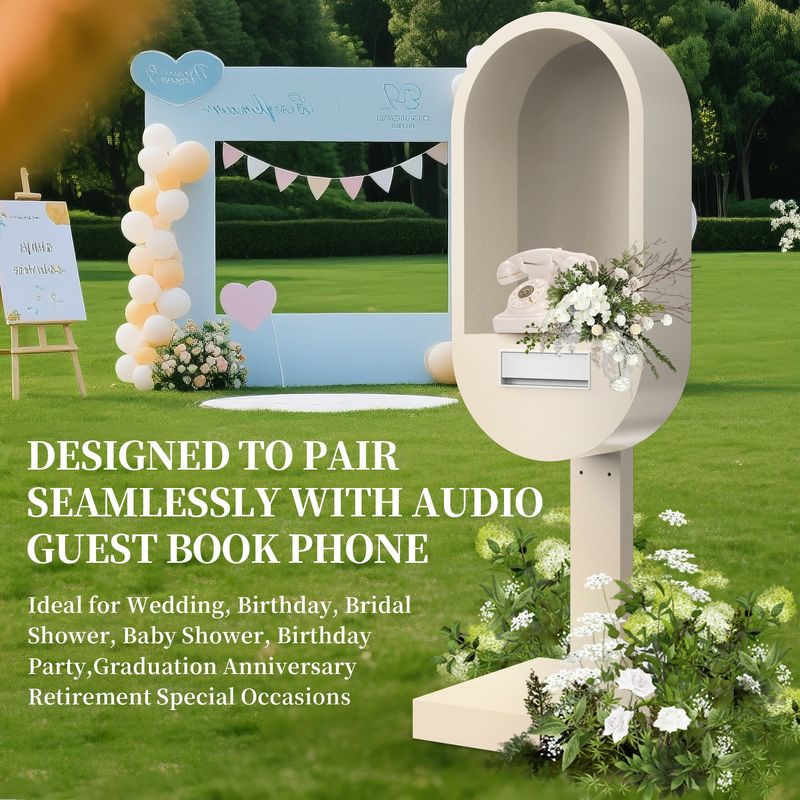 Booth telefonico per matrimoni in metallo premium con sistema di registrazione audio/video del libro degli ospiti